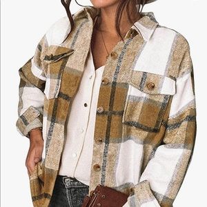 Button Down Plaid Shirt Jacket Coat in Tan